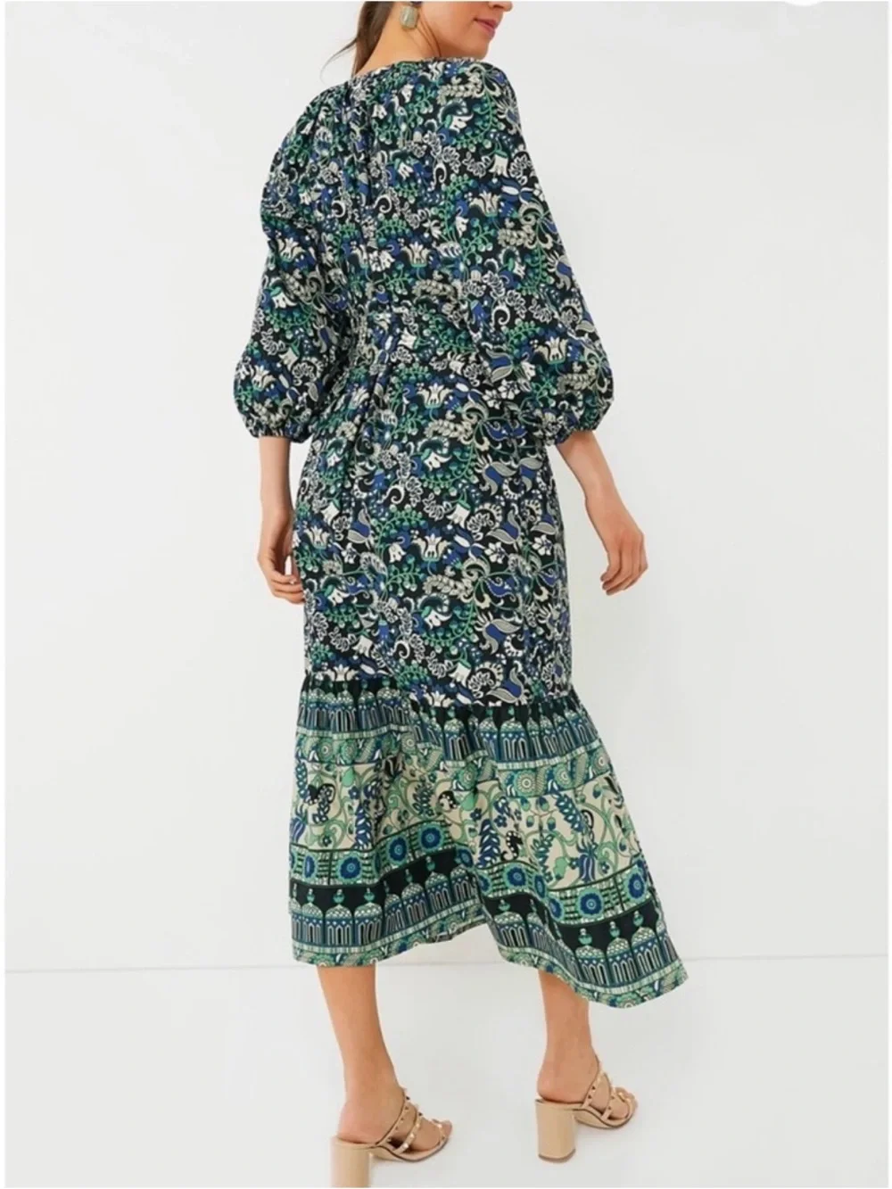 Tuckernuck NEW Batik Floral
Lyles Green Blue Puff Sleeve Belted
Midi-Size Small - Picture 3 of 7